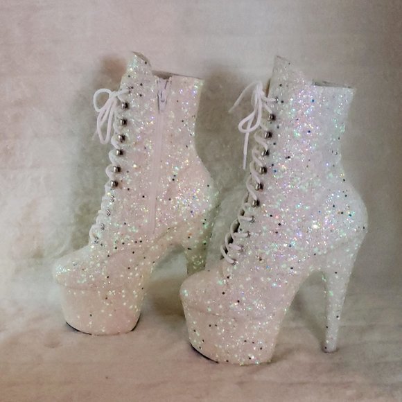 UV White Glow In The Dark Glitter 7" Platform Heel Ankle Boots Adore 1020uvlg - Picture 12 of 16